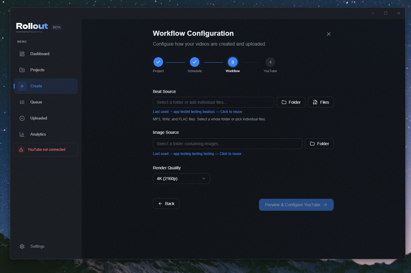 Rollout Create wizard on the Workflow step, showing folder pickers for MP3s and cover images