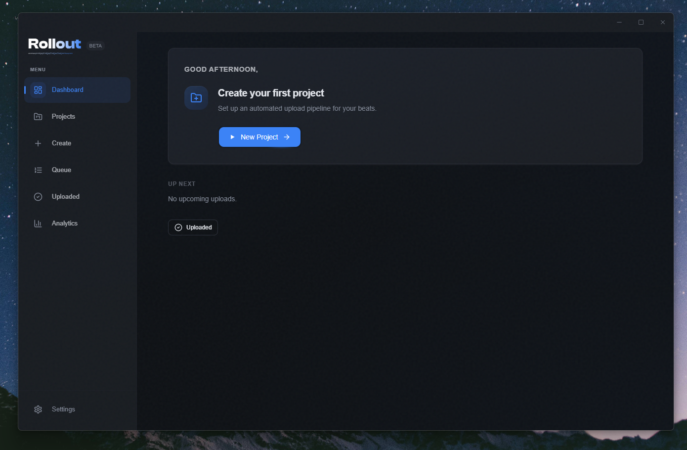 Rollout dashboard right after sign-in, before any projects exist