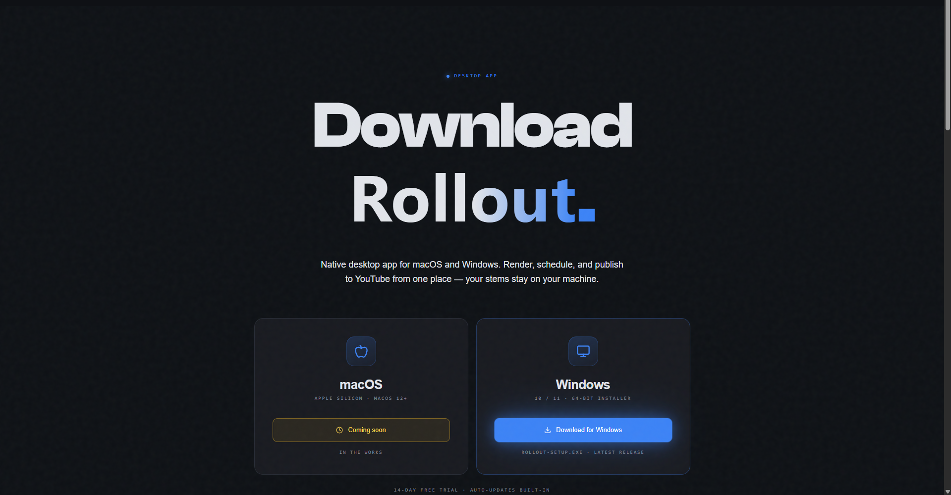 Rollout download page with Windows card highlighted and macOS card showing Coming soon