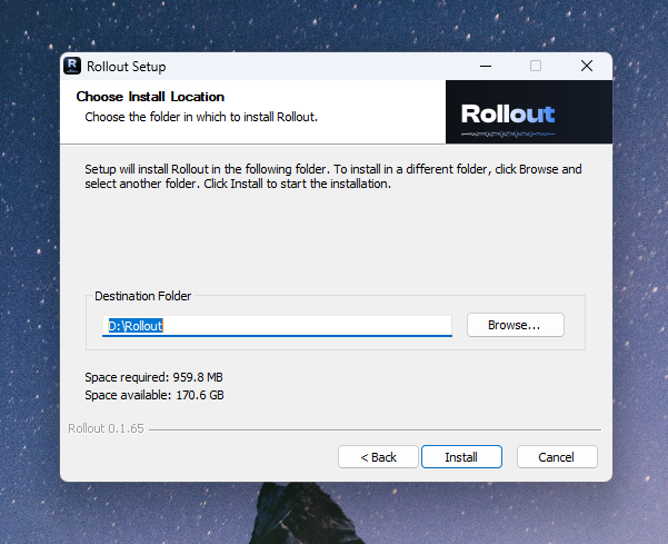 Rollout NSIS installer wizard at the Choose Install Location page