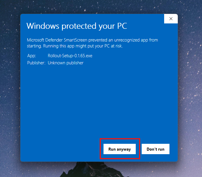 Windows SmartScreen warning after clicking More info, with the Run anyway button revealed