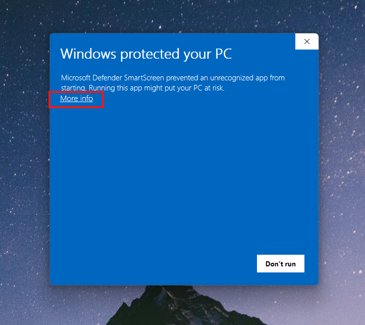 Windows SmartScreen blue Windows protected your PC warning with More info link visible