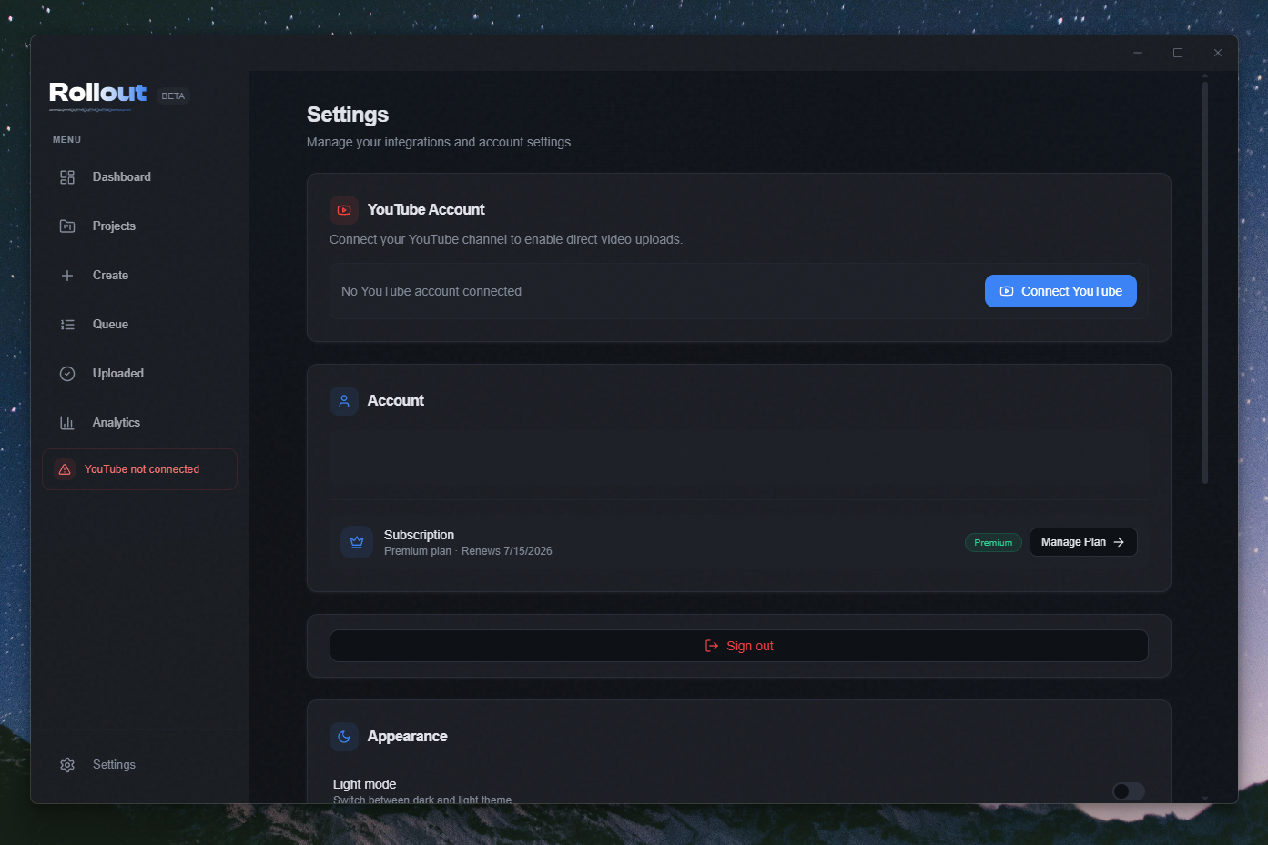 Rollout Settings page YouTube section with Connect YouTube button